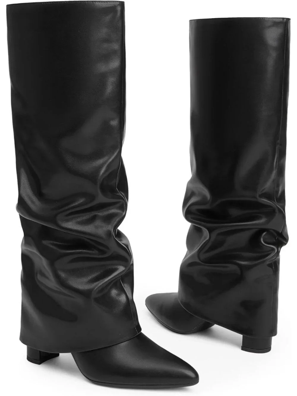 Women Black Slouchy Pointed Toe Chunky Heel Faux Leather Over The Knee High Boot